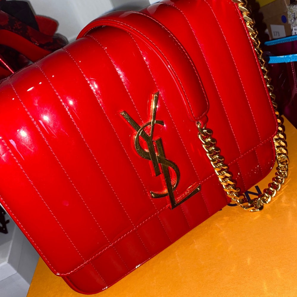 YSL Vicky Large Monogram Red Patent Bag